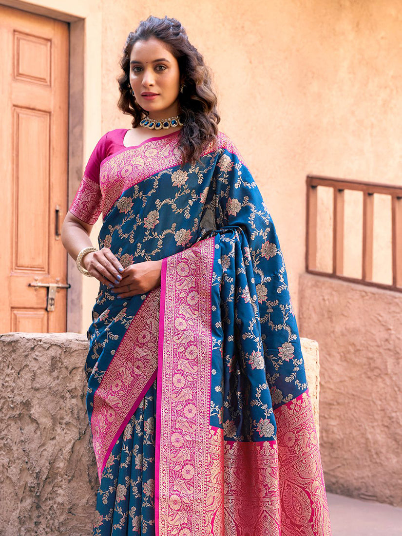 Monjolika Fashion Navy Blue Soft Banarasi Silk Blend Zari Woven Saree With Blouse