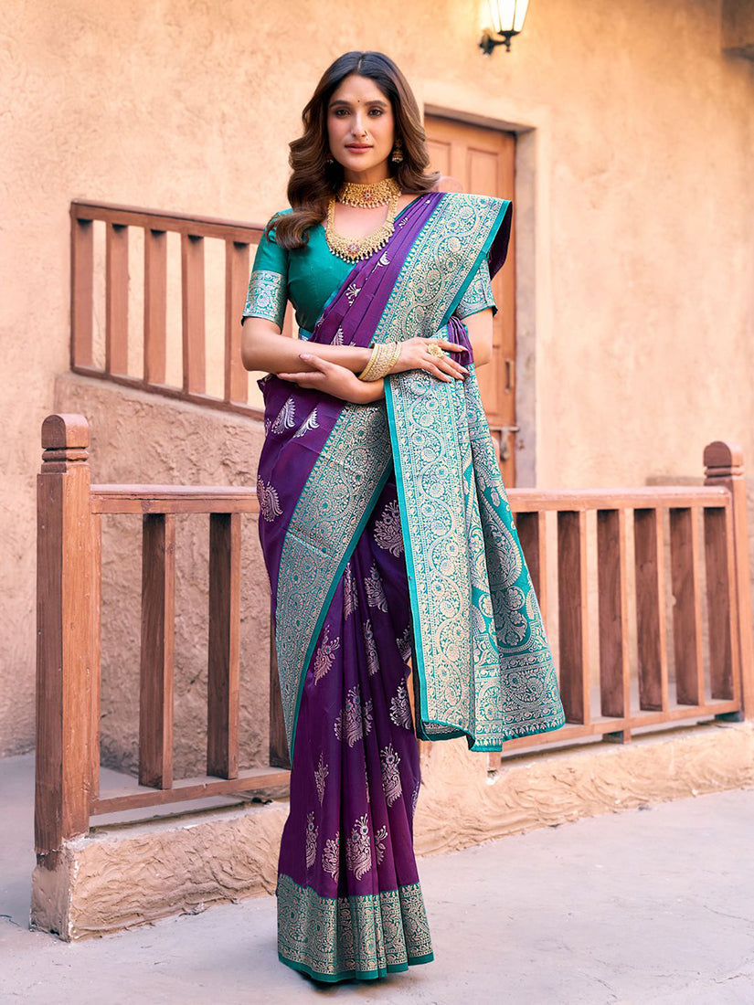 Monjolika Fashion Purple Soft Banarasi Silk Blend Zari Woven Saree With Blouse