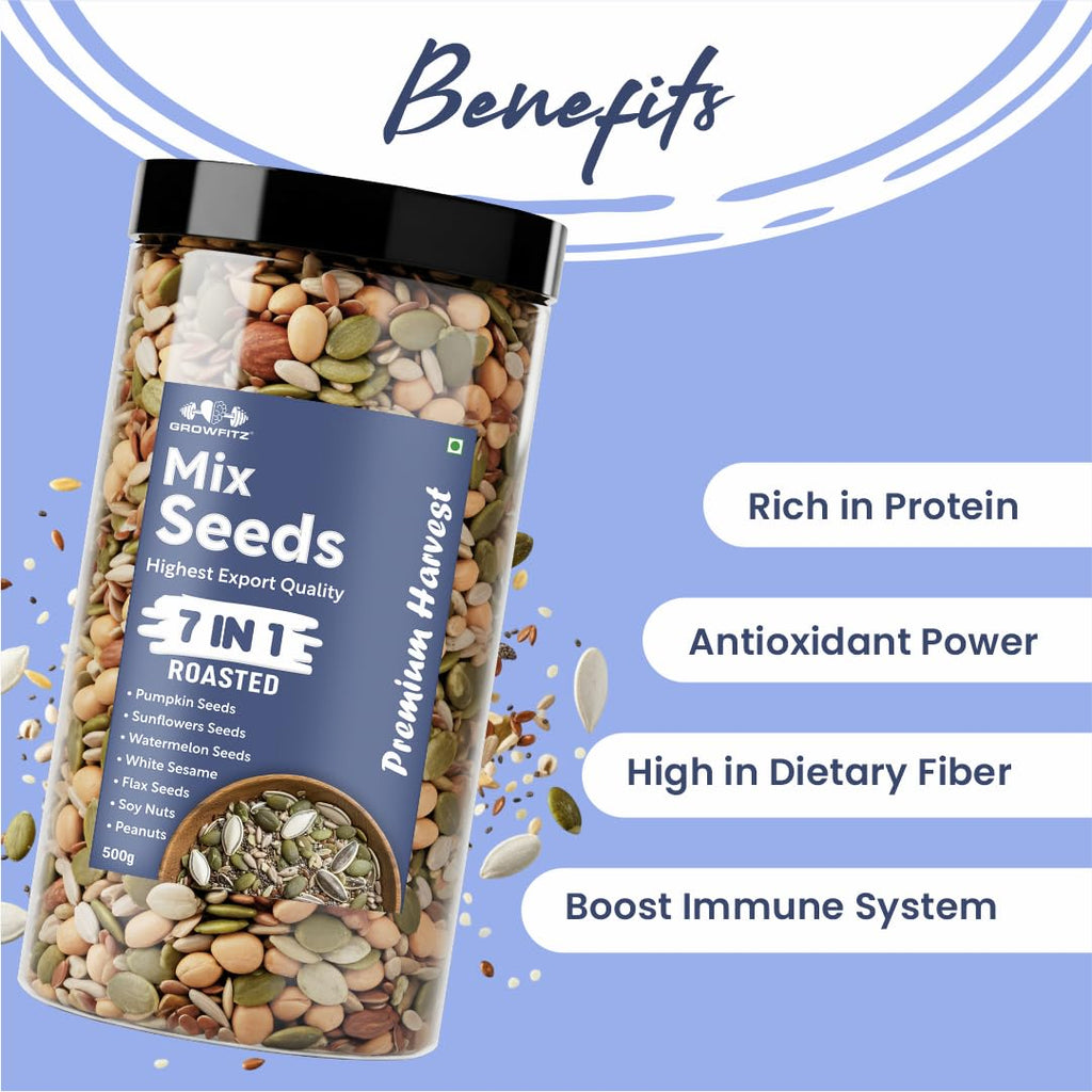 Growfitz Premium Harvest 7-in-1 Seed Mix, 500 Gram | High Protein 24.4g & Fiber | Roasted Pumpkin, Sunflower, Watermelon, Flax, Soy Nuts, Peanuts & White Sesame | Export Quality Superfood