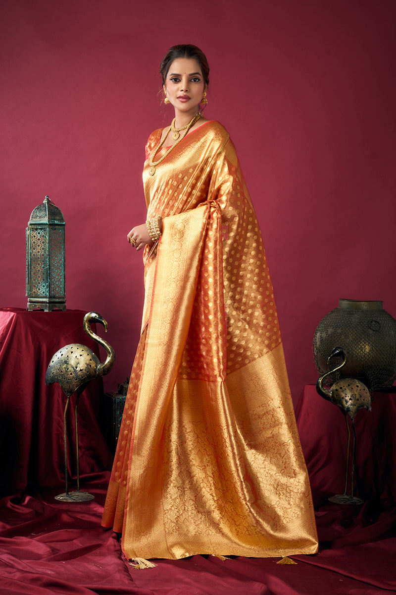 Monjolika Fashion Orange Soft Banarasi Tissue Silk Blend Weaving Saree With Blouse Piece