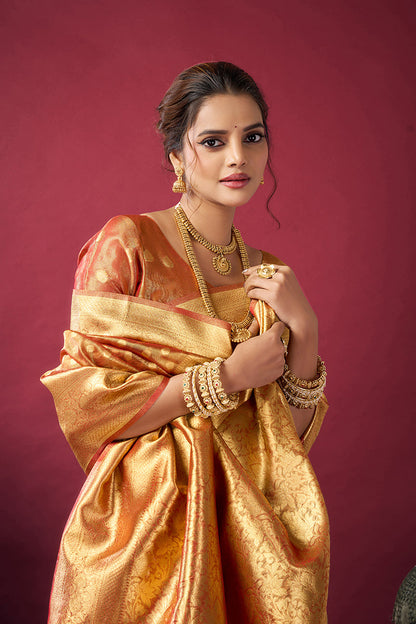 Monjolika Fashion Orange Soft Banarasi Tissue Silk Blend Weaving Saree With Blouse Piece