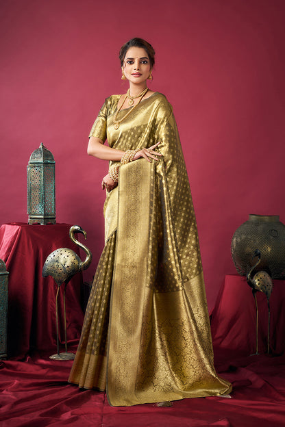 Monjolika Fashion Olive Green Soft Banarasi Tissue Silk Blend Weaving Saree With Blouse Piece