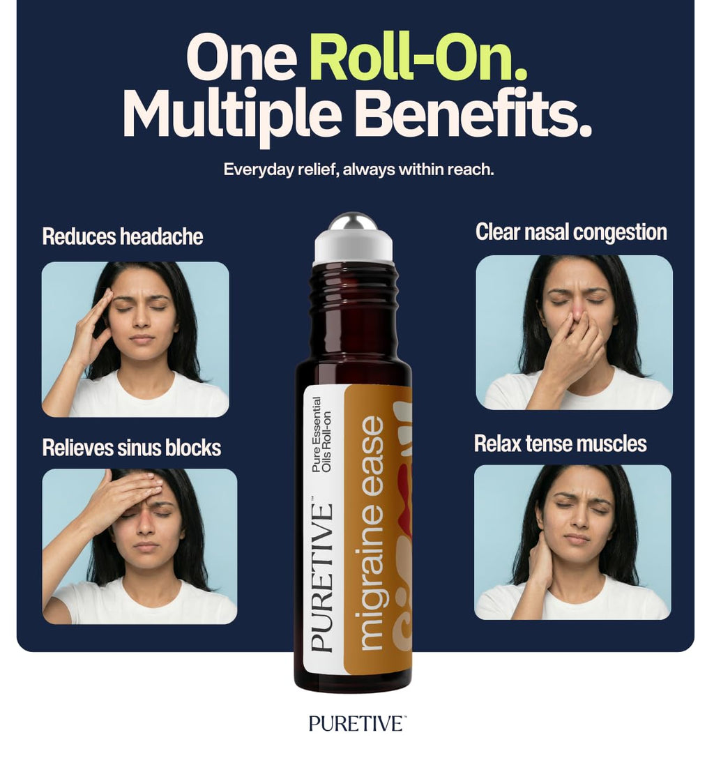 Puretive Headache Migraine Fast Relief Roll-On Sinus Advanced Pain Remedy Ayurvedic Natural Herbal Remedy with Peppermint Eucalyptus Camphor Wintergreen Arnica Essential Oils Metal Roller Ayush Certified Non Greasy Travel Friendly Roller 10ml