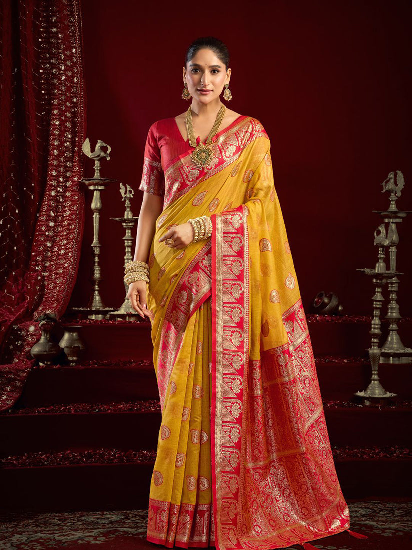 Monjolika Fashion Mustard Soft Banarasi Silk Blend Zari Woven Saree With Blouse Piece