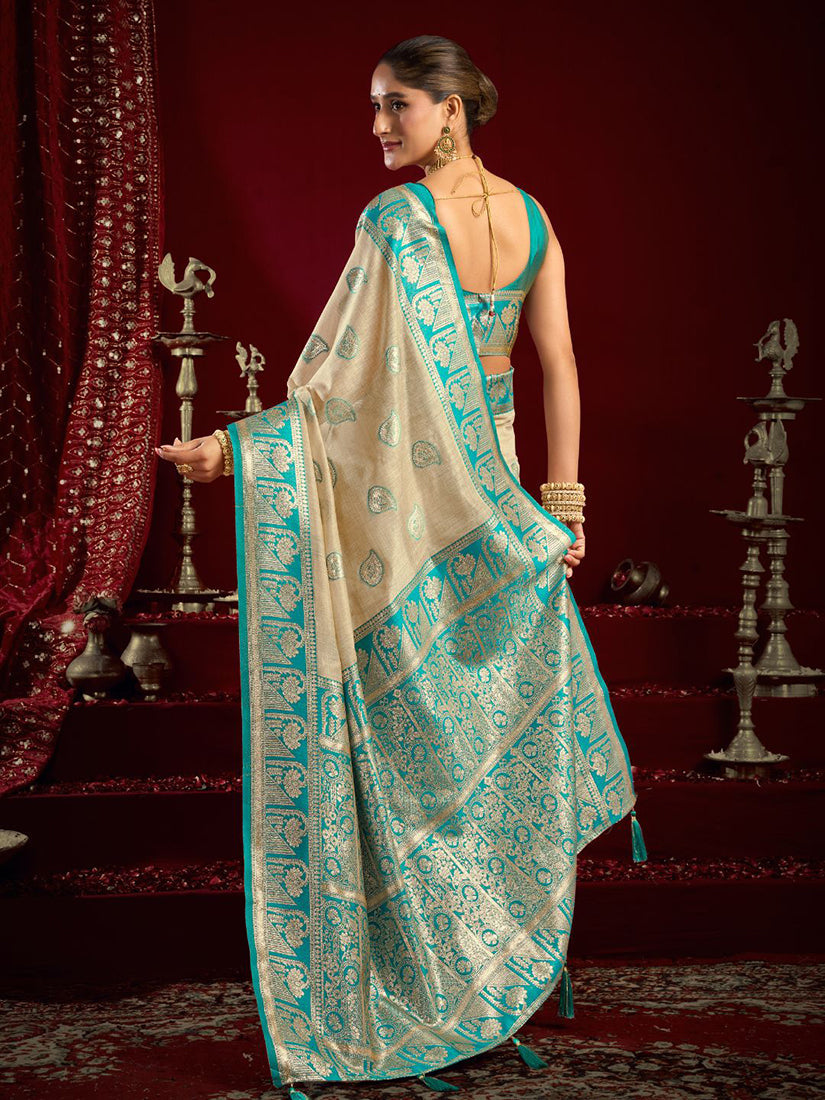 Monjolika Fashion Cream Soft Banarasi Silk Blend Zari Woven Saree With Blouse Piece