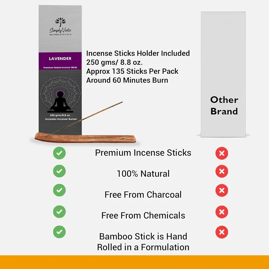 Simply Vedic Lavender Incense Sticks with Holder – 135 Handmade Charcoal-Free Agarbatti