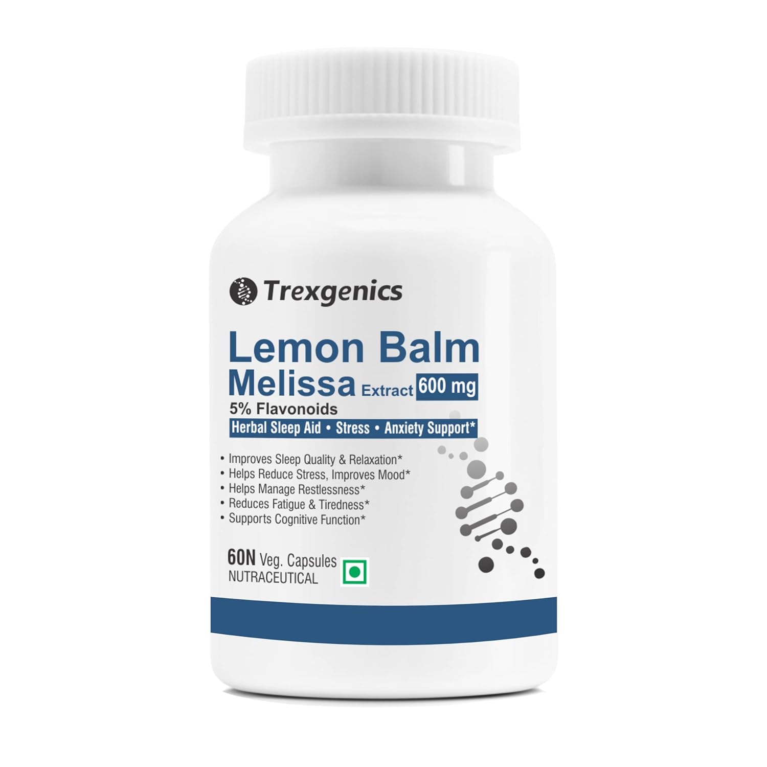 Trexgenics LEMON BALM 5% Flavonoids 500 mg Sleep, Relaxation, Mood Support VEGAN & NON-GMO (60 Veg. Capsules) (Pack of 1)