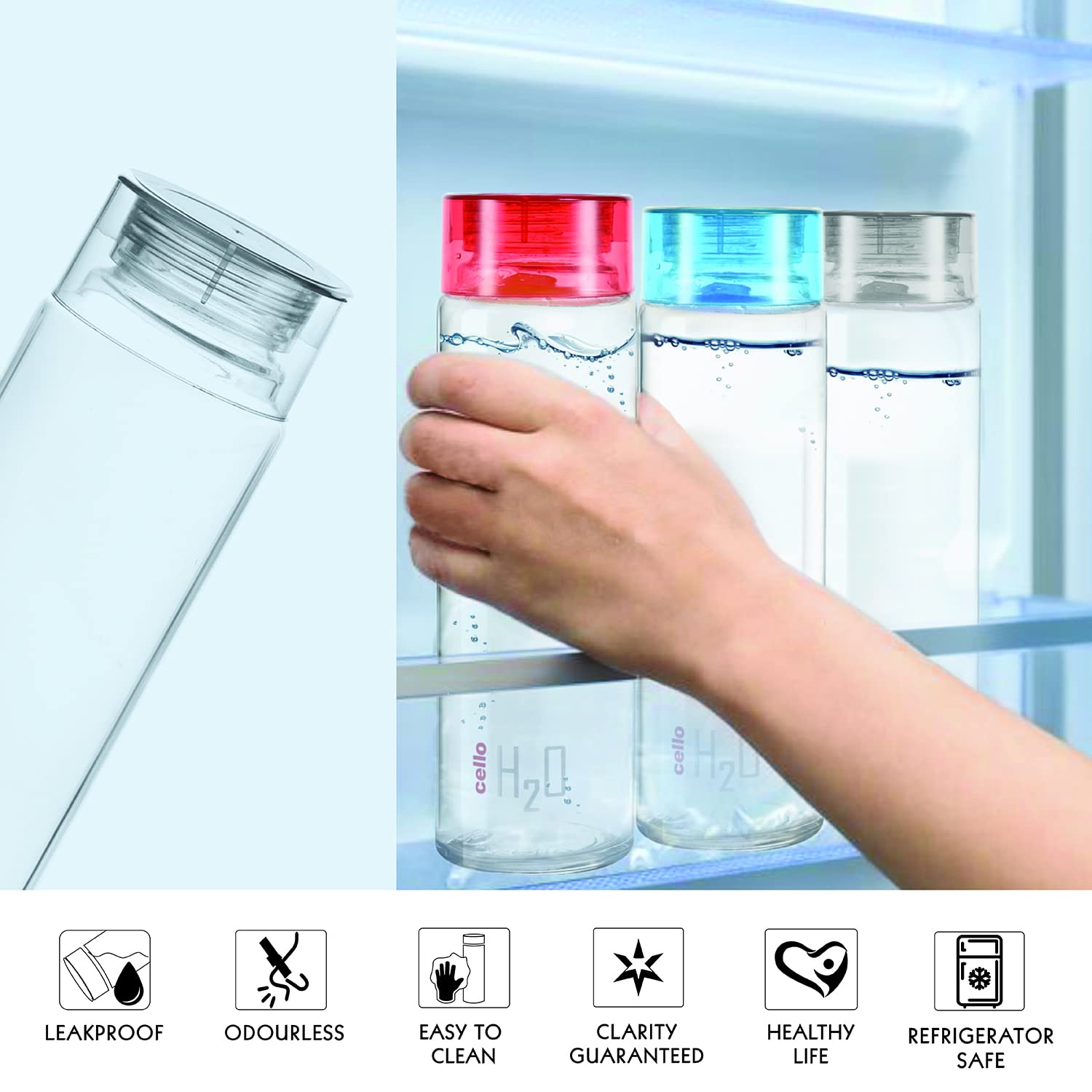 Cello H2O Glass Fridge Water Bottle with Plastic Cap | 920 ml | Set of 3 | Black
