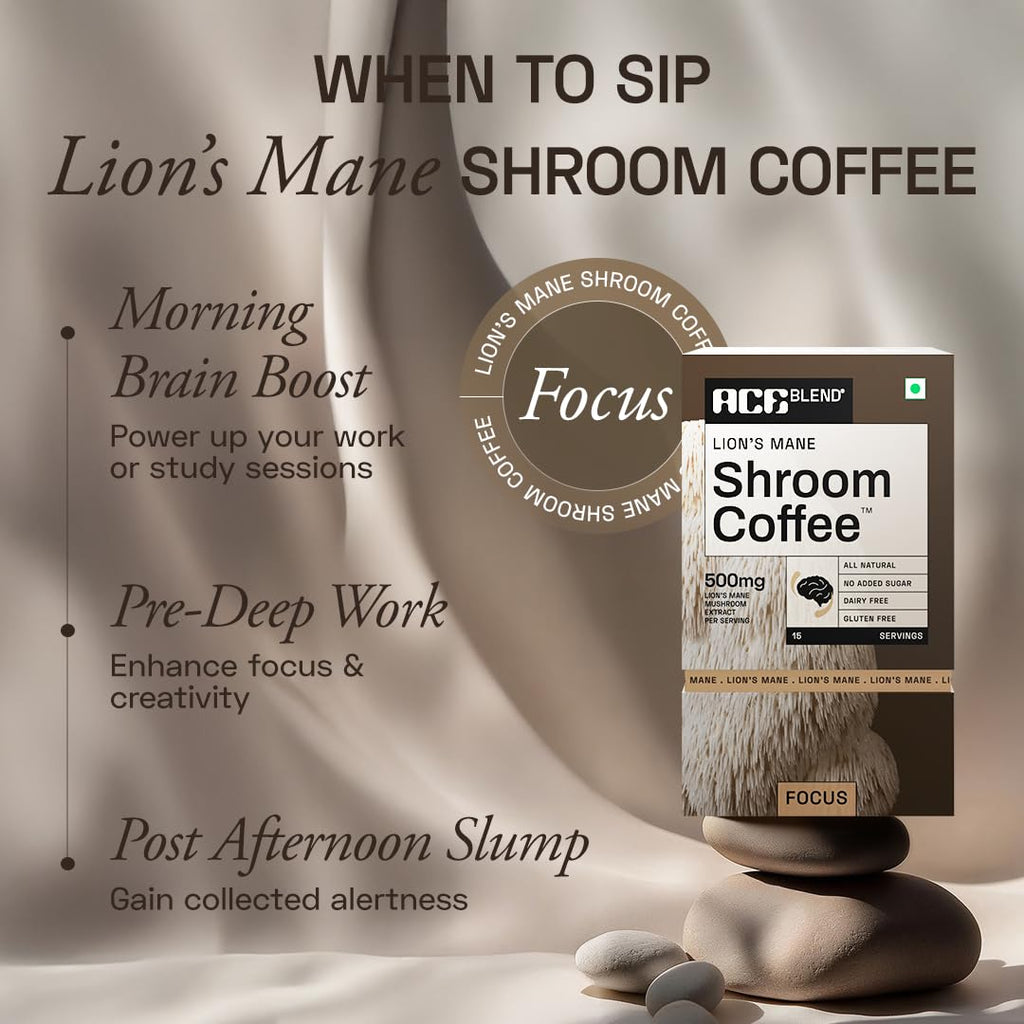 Ace Blend Lions Mane Shroom Coffee (5 Serves) | 500mg Lion's Mane Extract | KSM-66 Ashwagandha | L-Theanine & MCT Powder | Focus | Memory | Cognitive Support | Instant Coffee | Medium Roast Blend
