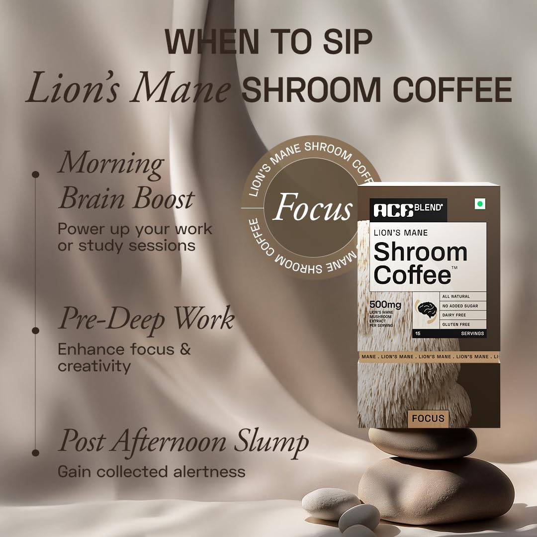 Ace Blend Lions Mane Shroom Coffee (15 Serves) | 500mg Lion's Mane Extract | KSM-66 Ashwagandha | L-Theanine & MCT Powder | Focus | Memory | Cognitive Support | Instant Coffee | Medium Roast Blend