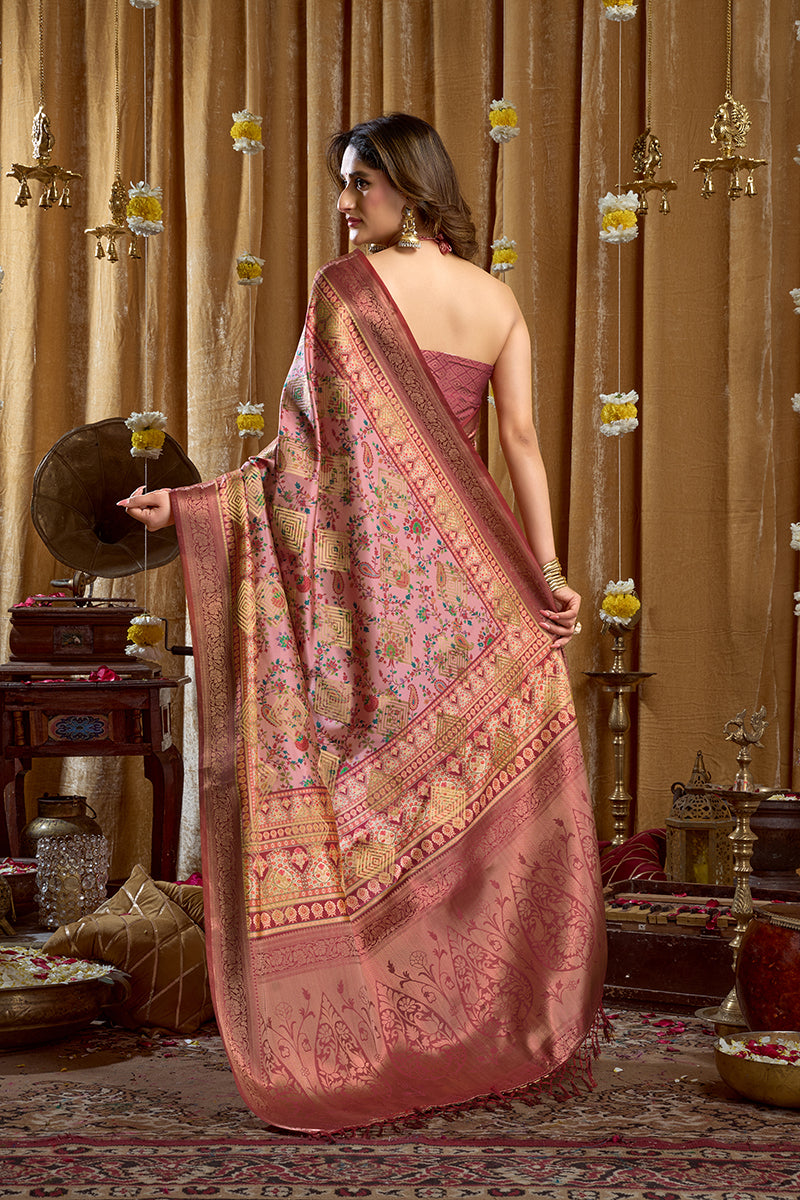 Monjolika Fashion Onion Pink Banarasi Cotton Silk Blend Digital Print Saree With Blouse Piece