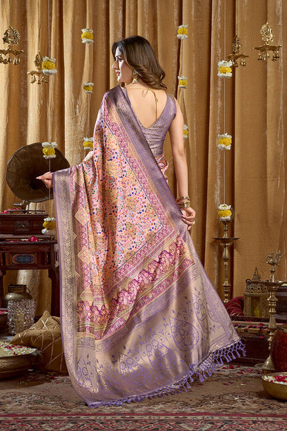 Monjolika Fashion Lavender Purple Banarasi Cotton Silk Blend Digital Print Saree With Blouse Piece
