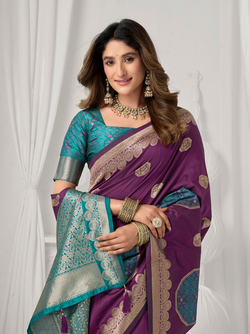 Monjolika Fashion Purple Soft Banarasi Silk Blend Zari Woven Saree with Blouse Piece