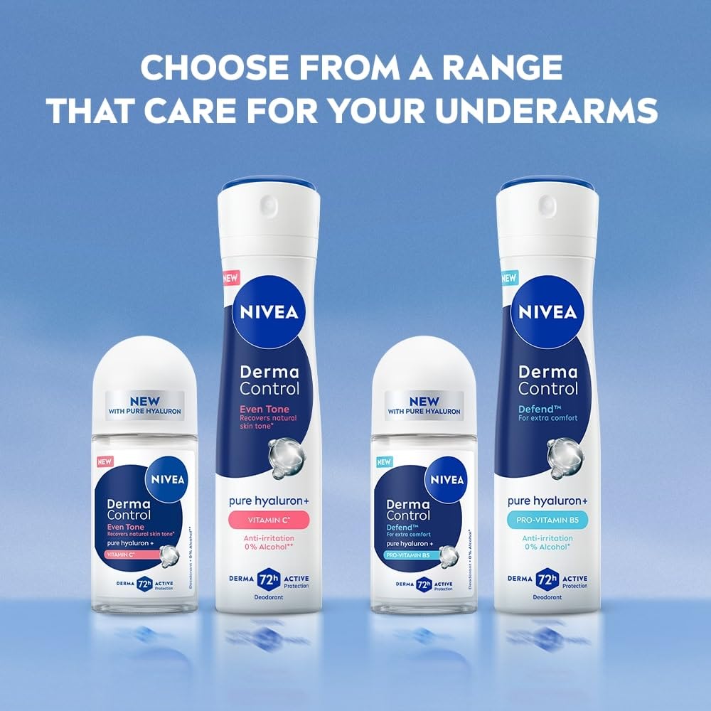 NIVEA Derma Control Even Tone Underarm Deo Roll-On for Women | Smoother & Brighter Underarms | 72H Derma Active Protection | With Pure Hyaluronic Acid & Vitamin C | 0% Alcohol | 50 ml