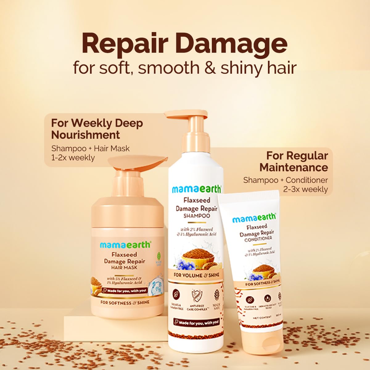 Mamaearth Flaxseed Damage Repair Conditioner with 2% Flaxseed, 1% Hyaluronic Acid, Ceramides | Makes Hair Soft, Smooth & Shiny | Deeply Conditions | Dry & Frizzy Hair | Sulphate & Paraben Free | 180 ml