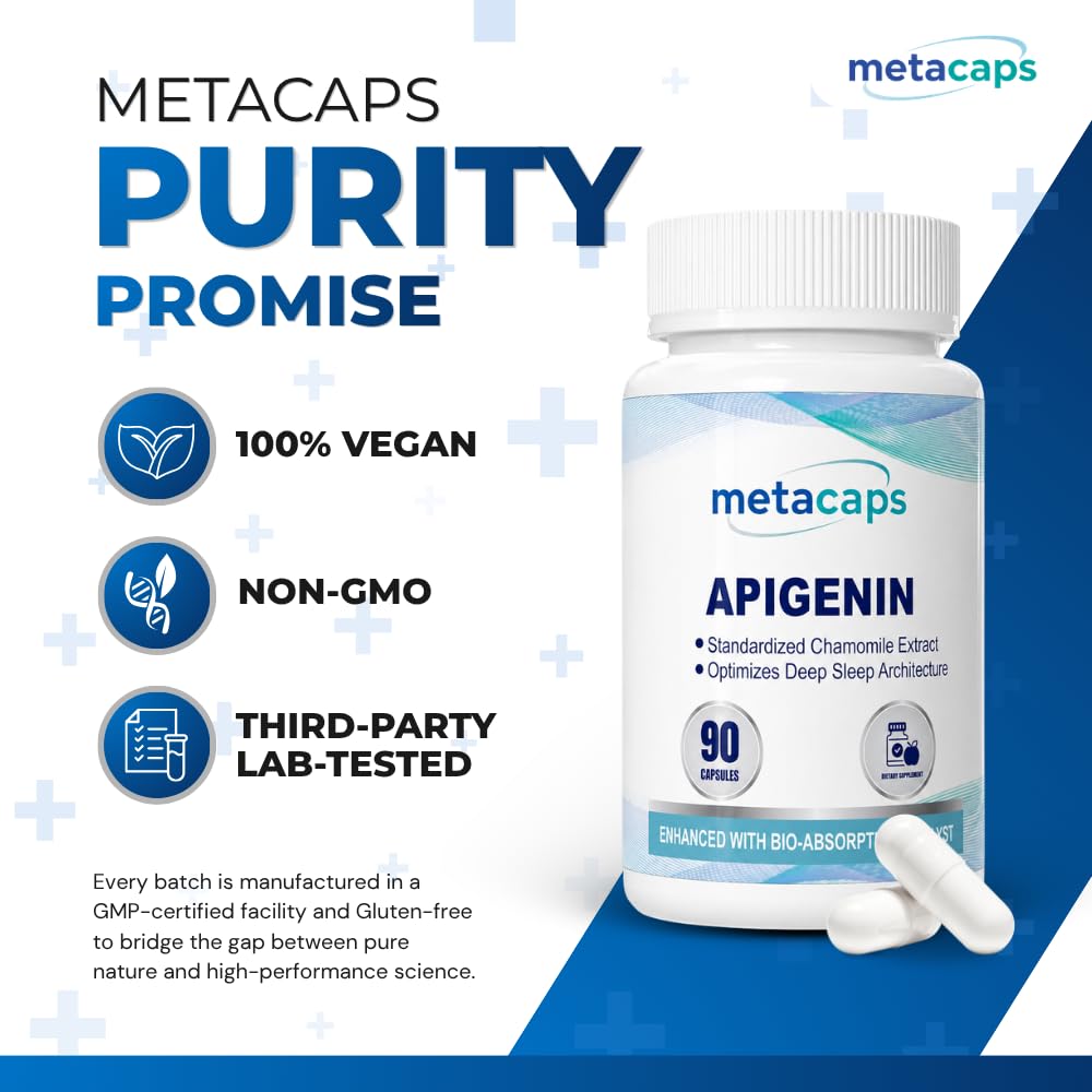 MetaCaps High-Purity Apigenin – 90 Veg Capsules | Standardized Chamomile Extract | Bio-Enhanced with Black Pepper for Maximum Absorption | Natural Sleep Support & Nighttime Recovery | Supports NAD+ Levels & Cellular Aging | Non-GMO & Vegan