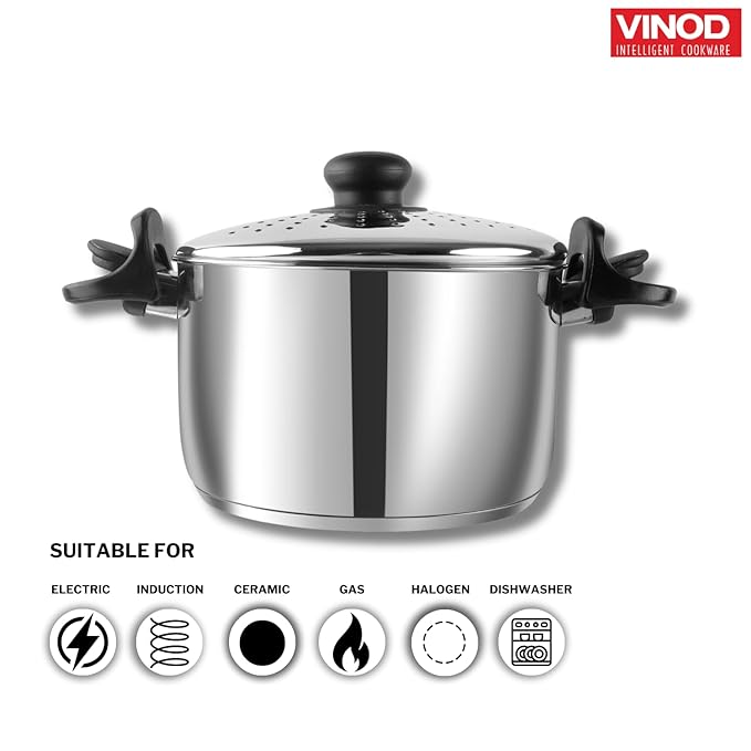 Vinod Stainless Steel Cookware Pasta, Noodle Steamer Pot With Lid - 4 Litres | Rice | Veggies Stainer Pot | Sandwich Bottom | Handle With Lock