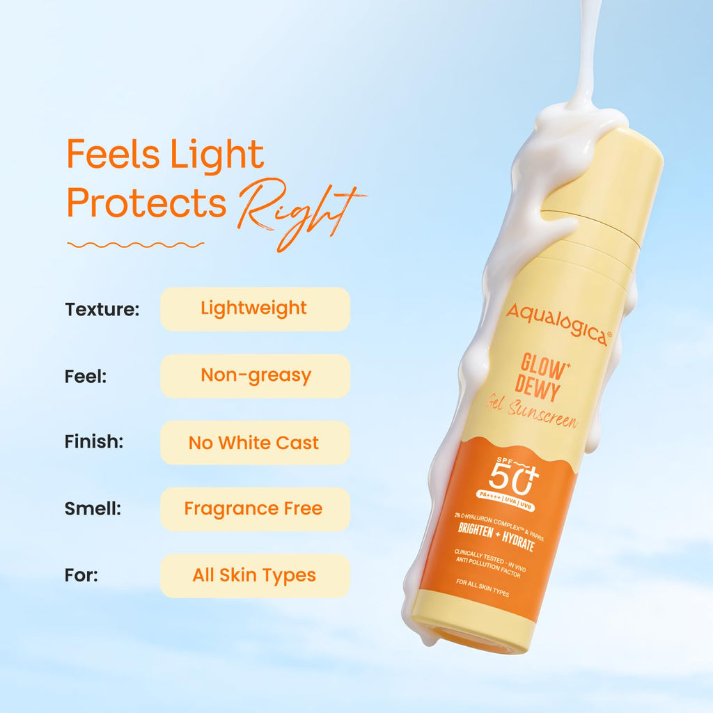 Aqualogica Glow+ Dewy Gel Sunscreen 50g | SPF 50+ PA++++ | 12-Hour Sun & Tan Protection | C-Hyaluron Complex & Papaya | Broad Spectrum UVA/UVB & Blue Light Protection | Fragrance-Free, No White Cast | Lightweight | For Men & Women