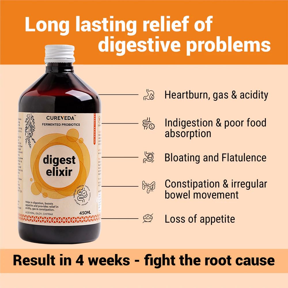 Cureveda Digest Elixir Herbal Syrup, Ayurvedic Tonic for Detox, Enrich with Aloe Vera and Chitrak (450 ml)