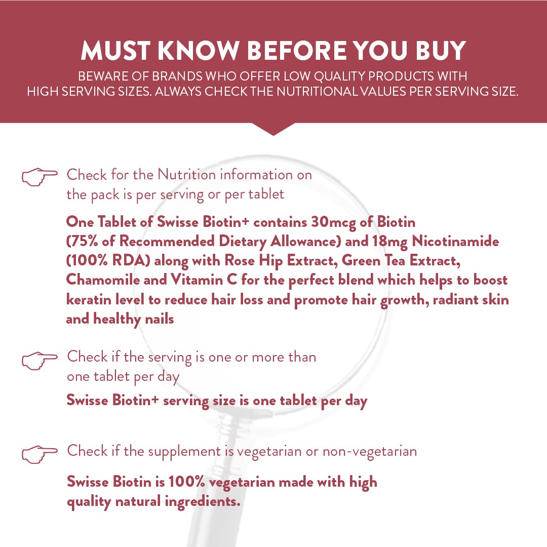Swisse Biotin+ New Improved Formula with 100% RDA of Biotin (Manufactured In Australia) Boosts Keratin Levels, Reduce Hair Loss and Promote Regrowth with Nicotinamide, Rose Hips & Vitamin C For Healthy Hair, Skin & Nails For Both Men & Women (30 Tablets)