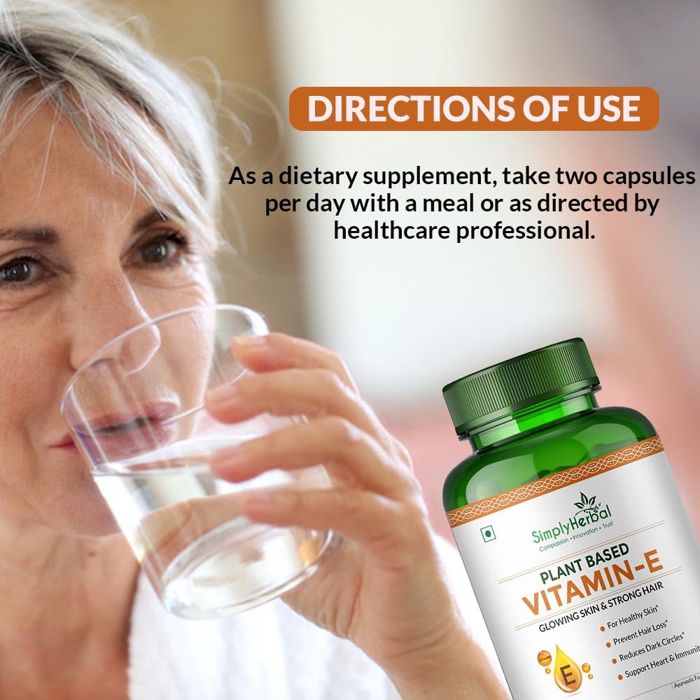 Simply Herbal Plant Based Vitamin E 10mg Capsules for Glowing Skin and Strong Hair | Vitamin E - 60 Capsules