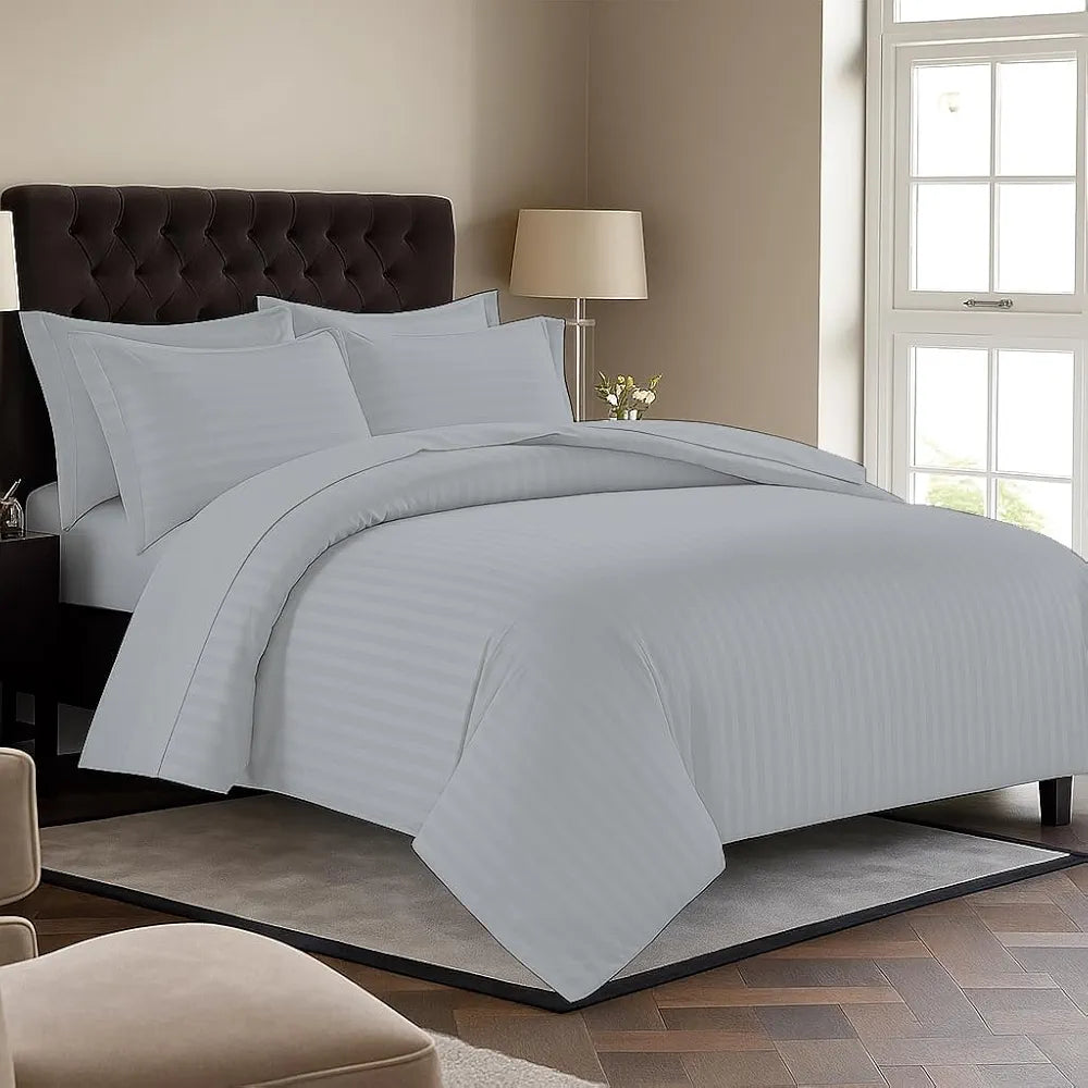 Trance Home Linen Zippered 100% Cotton 200 TC Satin Stripe Queen Duvet Cover Quilt Cover with 2 Pillow Covers Colour Silver Grey