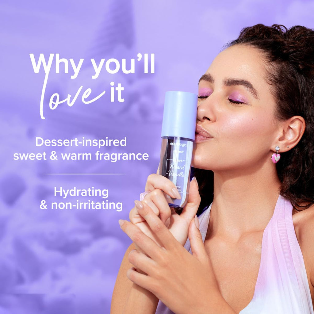 Aqualogica Refresh+ Sun Kissed Vanilla Perfume Body Mist | Warm Vanilla Fragrance | Long- Lasting Fragrance | Double Duty Mist for Hair & Body | Non-Irritating & Hydrating | Skin Friendly | For Men & Women | 150 ml