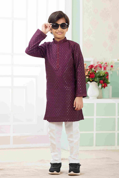 Raivat Ethnic Art Silk Embroidery Work Kids Kurta Pajama In Wine Colour