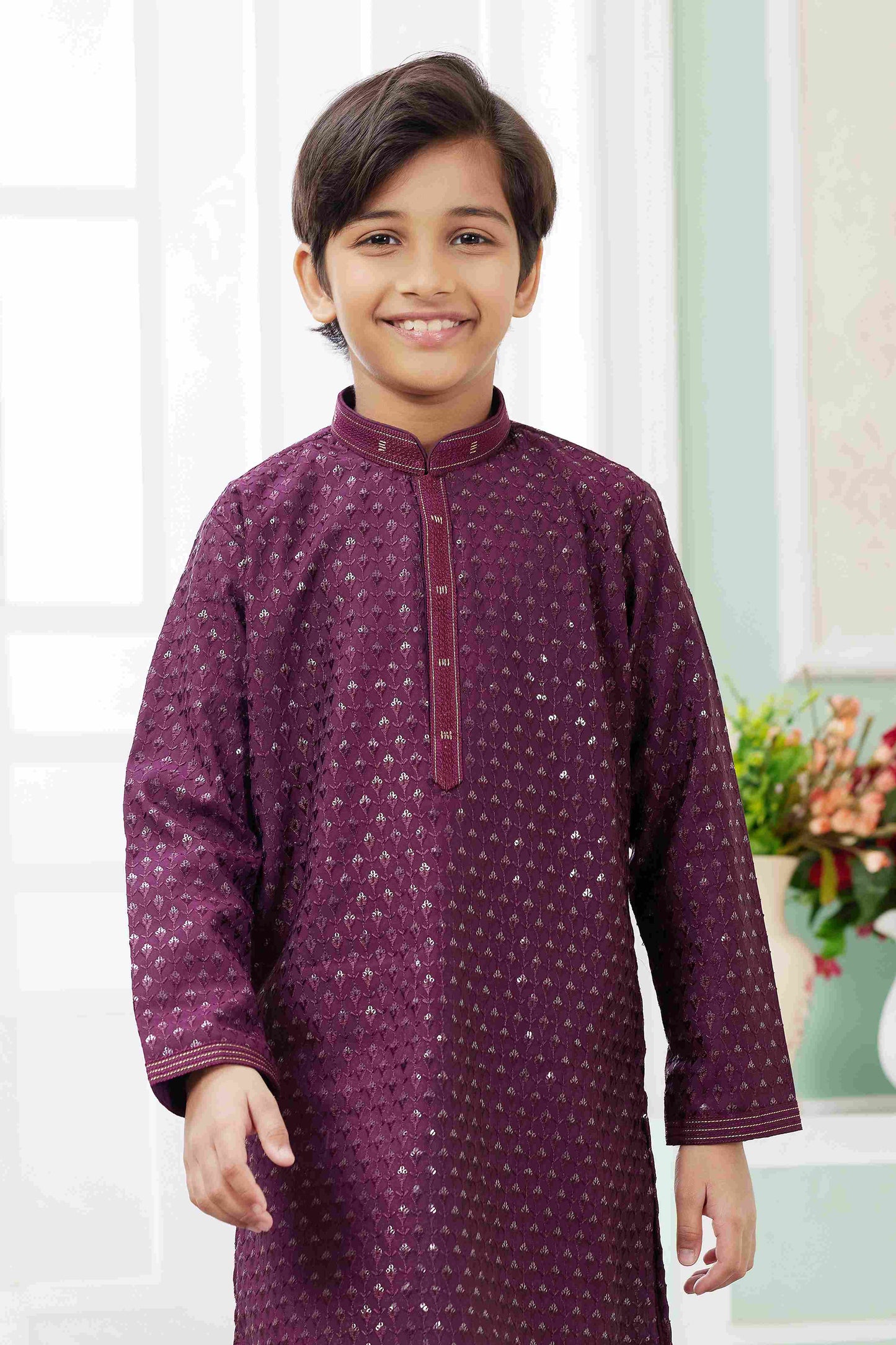 Raivat Ethnic Art Silk Embroidery Work Kids Kurta Pajama In Wine Colour