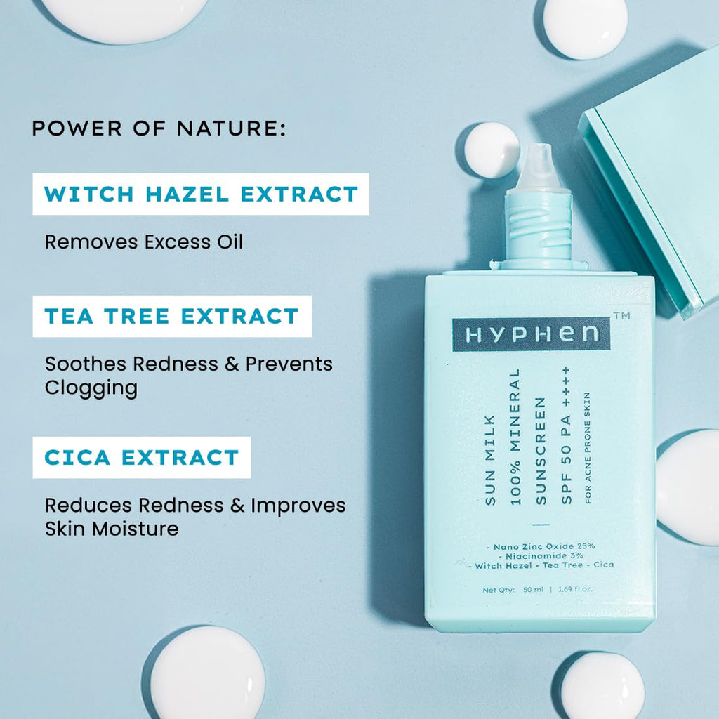 Hyphen Sun Milk Mineral Sunscreen SPF 50 PA++++ with 25% Nano Zinc Oxide | UV & Blue Light Protection | Water Resistant Korean Sunscreen for Sensitive, Oily & Acne Prone Skin | 50ml
