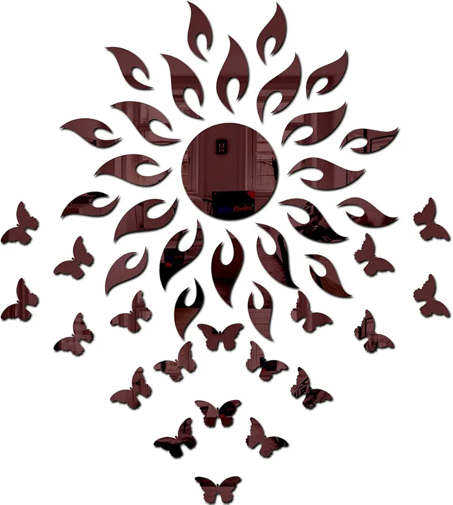Bikri Kendra Sun Brown with Butterfly 20 Brown Decorative Mirror Stickers for Wall Wall Mirror Stickers 3D Acrylic