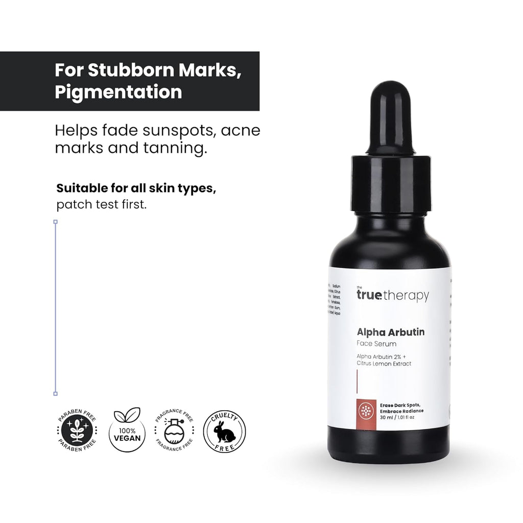 The True Therapy 2% Alpha Arbutin Serum - Helps Reduce Pigmentation, Dark Spots, Blemishes, Acne Marks & Tanning - Citrus Limon Extract - 30 ml