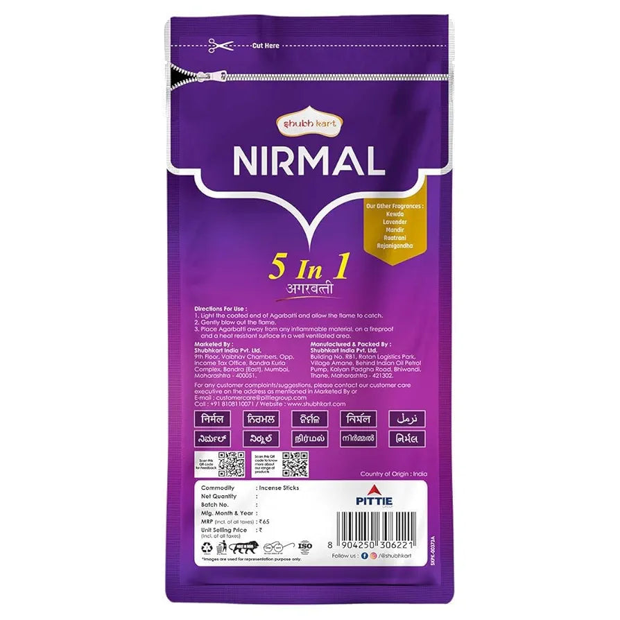 Shubhkart Nirmal 5 in 1 Agarbatti Pack 150g Long Incense Sticks Charcoal Free Natural Fragrance Zipper Pack
