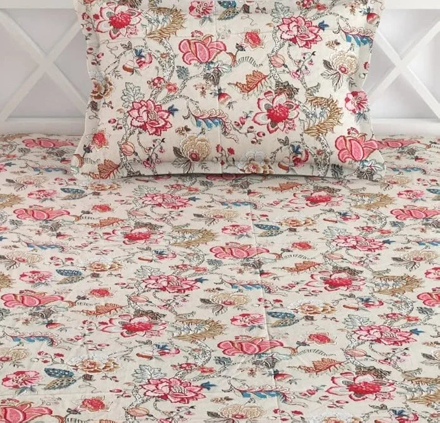 Trance Home Linen 144TC 100% Cotton Heritage Elastic Fitted Bedsheet with 1 Pillow Cover Jaipuri Printed Artisan Block Design Colour Malhaar red