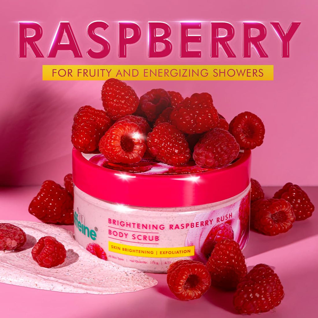 mCaffeine Brightening Raspberry Body Scrub | Tan Removal | AHAs - Lactic & Glycolic Acid, Niacinamide | Vitamin C Rich for Brighter, Soft Skin | Remove Dry, Dead Skin | Fruity Berries Aroma - 175g