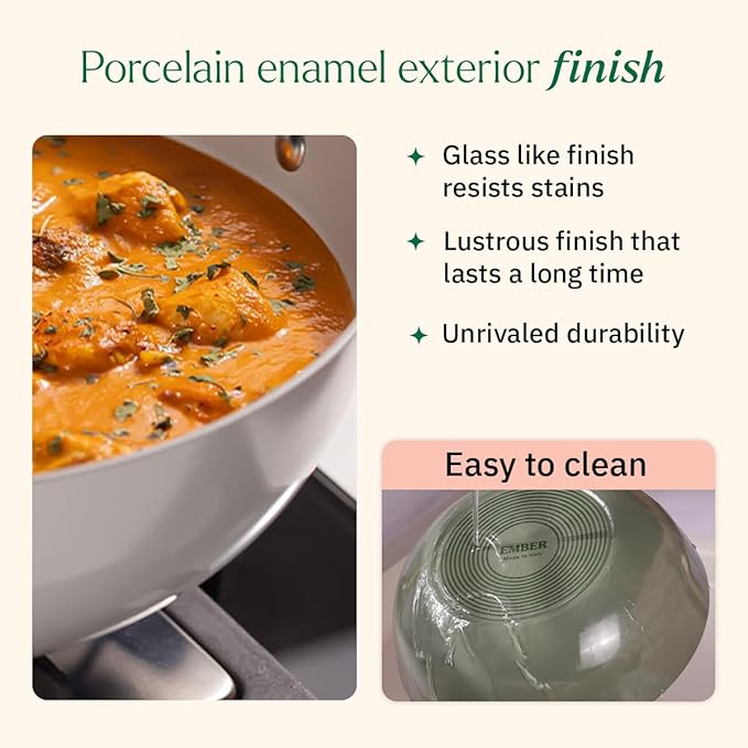 Ember Cookware Arcilla Ceramic Non Stick Kadai 24cm | Metallic Lid | Stainless Steel Handles | Capri Series | Blue