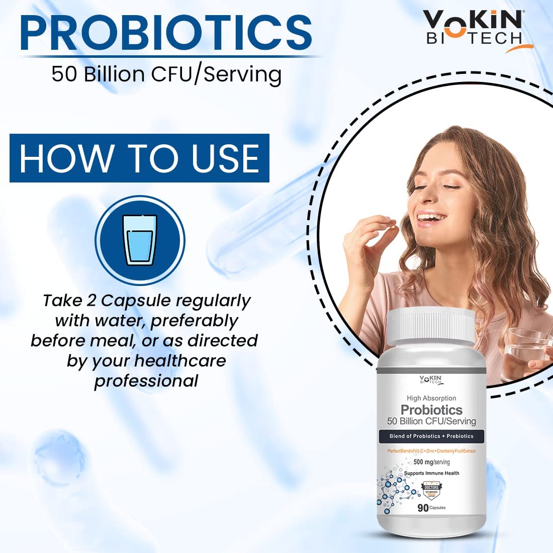Vokin Biotech Probiotics 50 Billion CFU Multi- Strains Targeted Release Technology, Stomach Acid Resistant (90 capsules)
