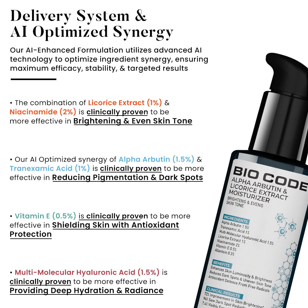 Bio Code 1.5% Alpha Arbutin Brightening Moisturizer (100ml) â€“ with 1% Tranexamic Acid, 1% Licorice & 2% Niacinamide | For Even Tone & Deep Hydration | AI-Enhanced Formula | Dermatologist Recommended
