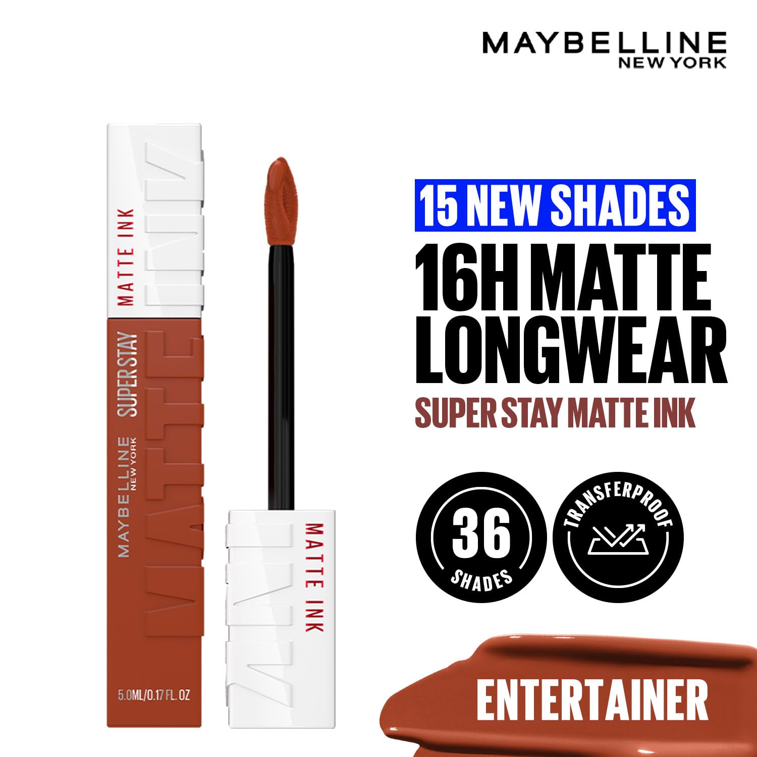 Maybelline New York Superstay Matte Ink Liquid Lipstick, Entertainer | No budge bold color for 16H | Transferproof, Waterproof, Foodproof | Brown skin friendly