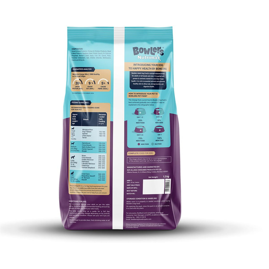 Bowlers Nutrimax Adult Dry Dog Food | Chicken & Vegetables | 1.2 kg Protein | Smooth Digestion & Healthy Coat | Complete & Balanced Nutrition | Enriched with Essential Amino Acids