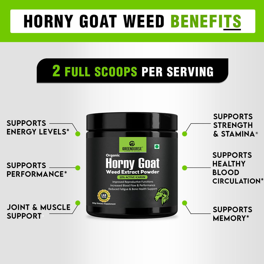 GREENDORSE Organic Horny Goat Weed Extract Powder |With 10% Active Icariins| 3 Months Supply | Supports Strength, Stamina, Performance & Energy, Vegan Friendly-50g