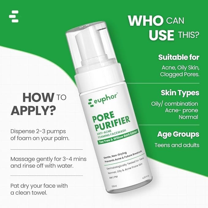 Euphor Teens Anti-acne Foaming Face wash- Pore Purifier - 120 ml (Pack of 2)