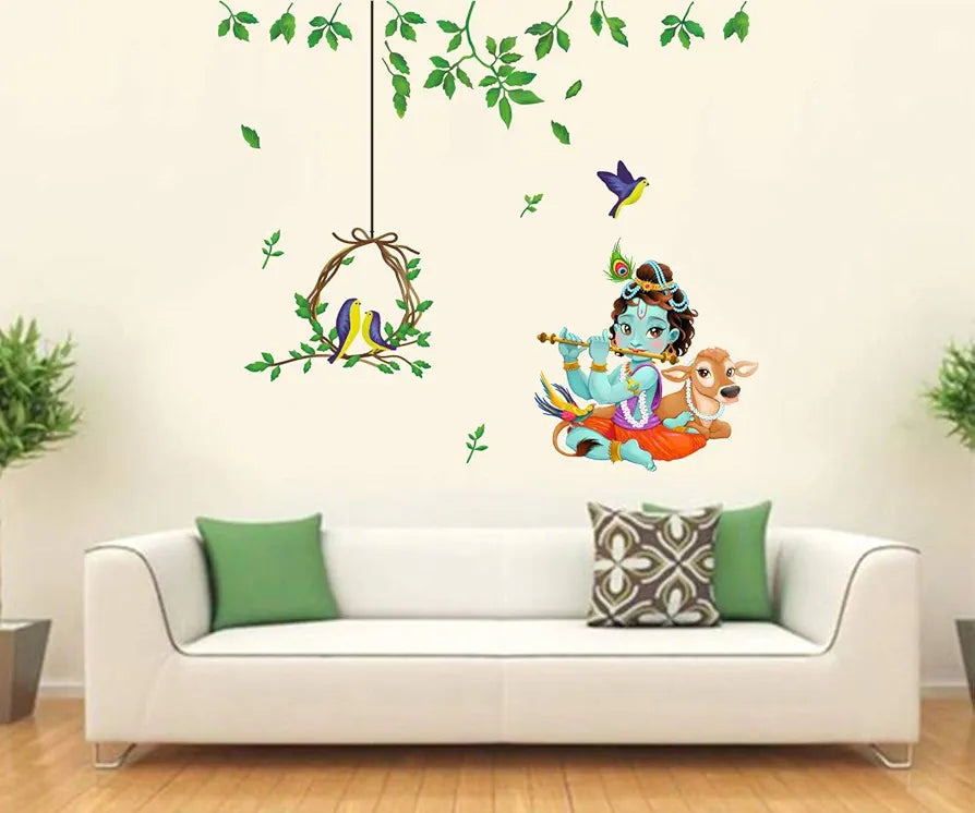 Rawpockets Religious God Krishna with Birds nest Self Adhesive Wall Sticker -Vinyl