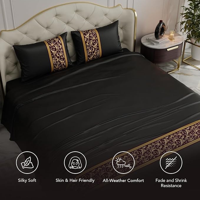 Stoa Paris Solid Bedsheets For Double Size Bed 300 Threadcount Satin Bedsheet Set Colour Black-Gold