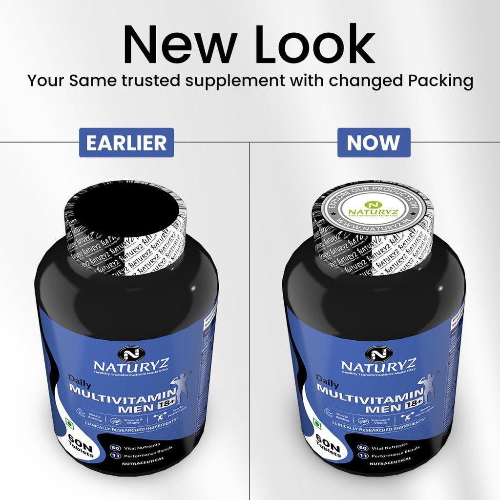 NATURYZ Daily Multivitamin Men 18+ with Highest 60 Nutrients (Vitamins, Minerals, Amino acids, Enzymes, Antioxidants, Herbal Extracts with Omega 3) and 11 Performance Blends for Muscle growth, Strength & Immunity- 60 Tablets