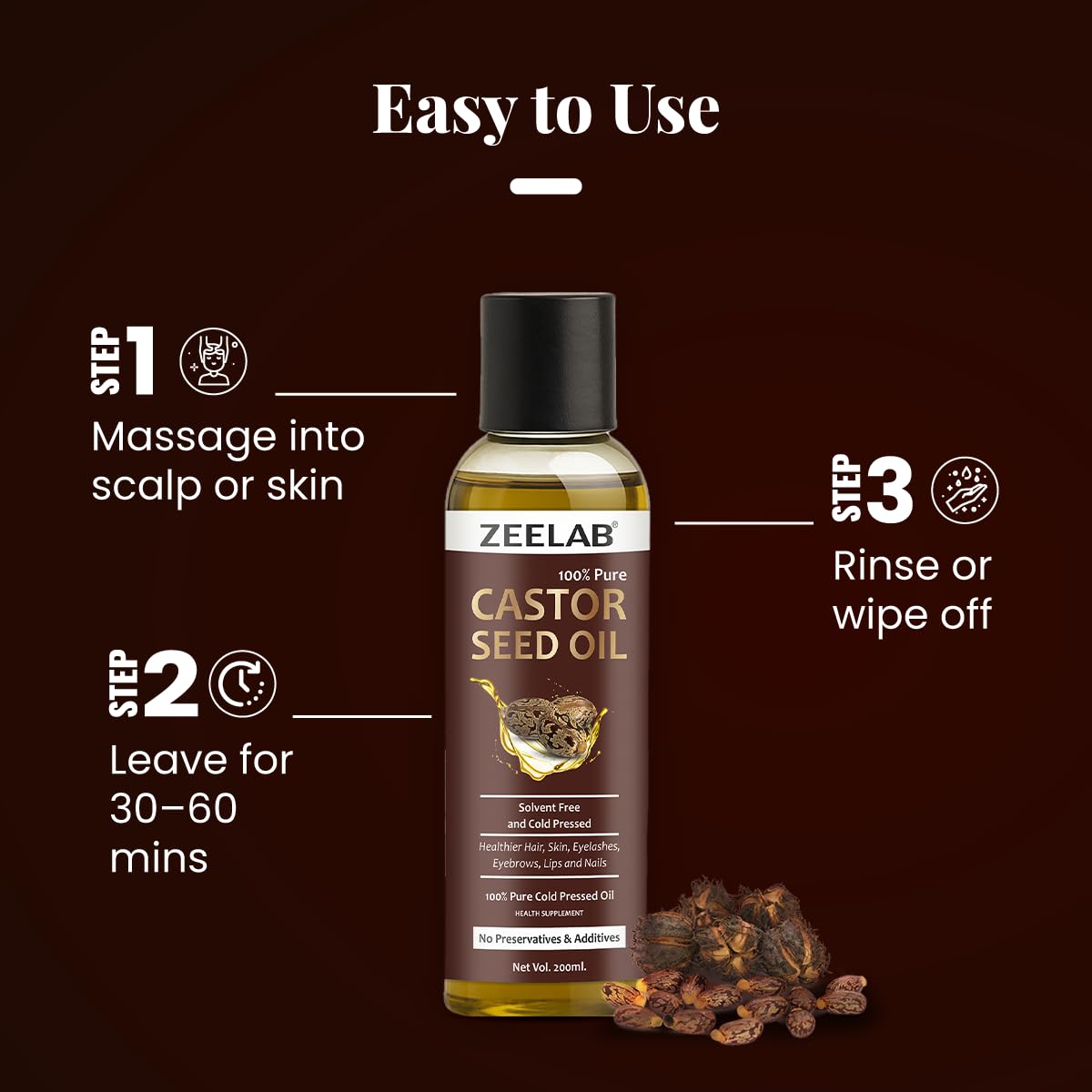 Zeelab Castor Seed Oil 200ml | 100% Pure Cold Pressed | Castor Oil for Skin, Hair Growth, Dandruff, Cleansing & Massage | Multipurpose Herbal Oil for Men & Women
