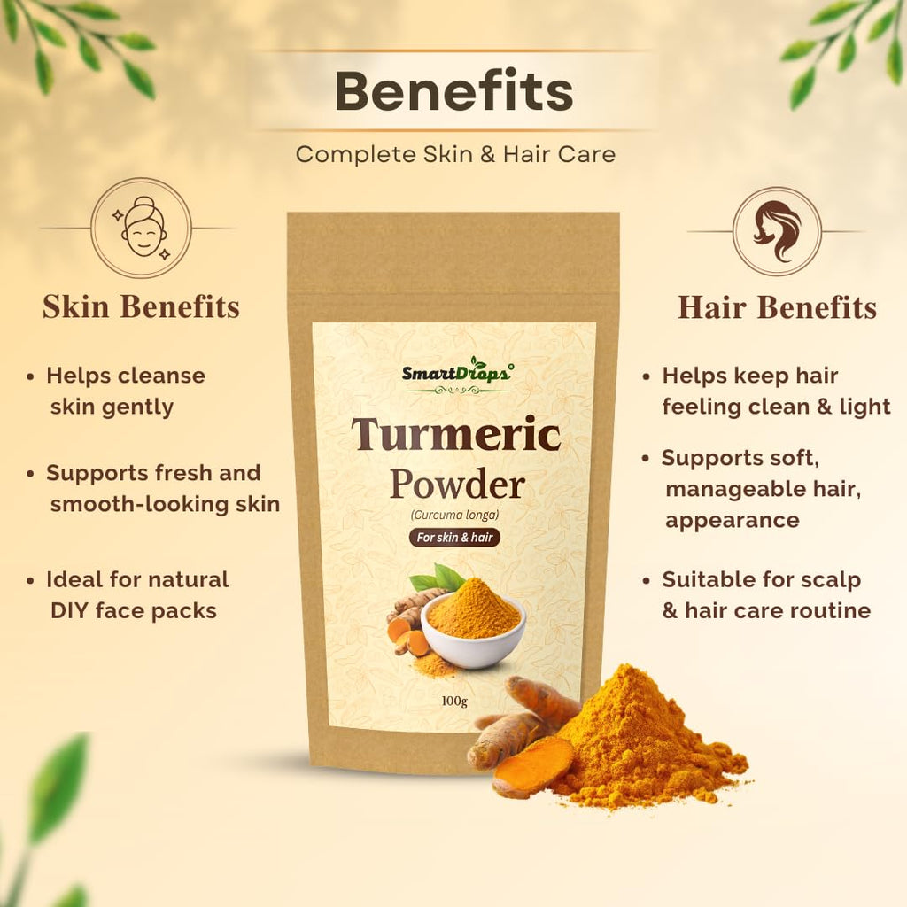 Smartdrops Turmeric Powder | Haldi Powder For face | Turmeric Powderr Face Pack For Glowing Skin | Turmeric Powder For Skin And Hair | For Hair Mask Use | For Skin Care Routine | For Men & Women - 100g (Pack 1)