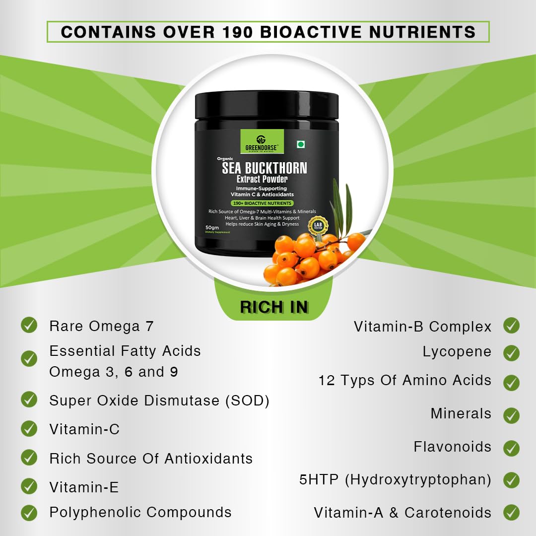 GREENDORSE Himalayan Sea Buckthorn (Omega-7) Extract Powder, SUPERFRUIT with 190+ Active Nutrients, Omega, Antioxidants Protection, Supports Brain, Liver & Heart Functioning- 50g