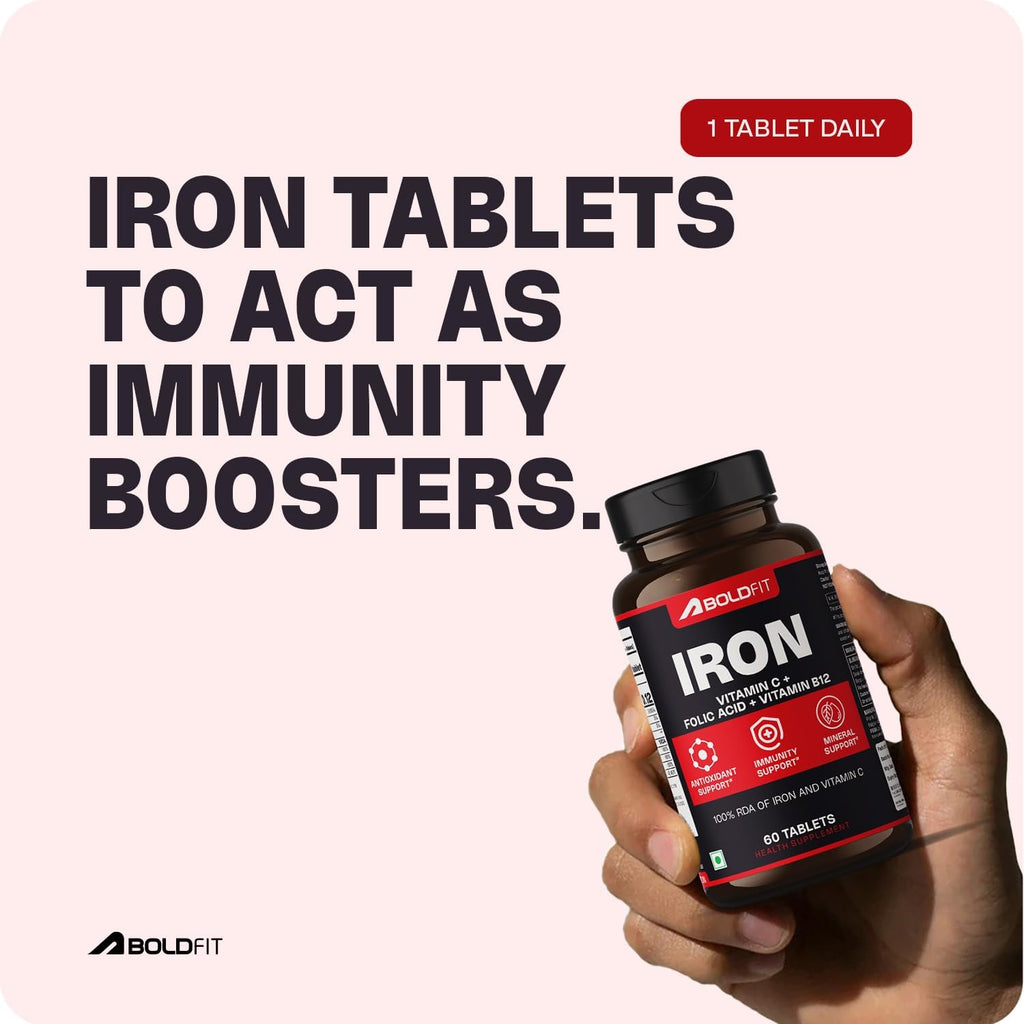Boldfit Iron Supplement for Women & Men Iron Bisglycinate with Vitamin C Folic Acid & Vitamin B12 Gentle on Stomach,Non-Constipating Tablets - 60 Count