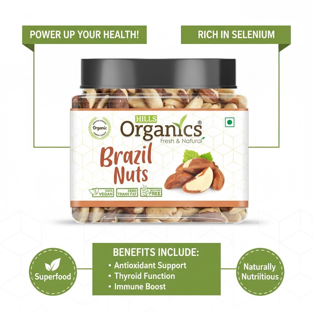 “Hills Organics Premium Raw Brazil Nuts 100g | Rich in Selenium | Superfood | Whole Peru Nuts | Keto Friendly | Jar Pack”